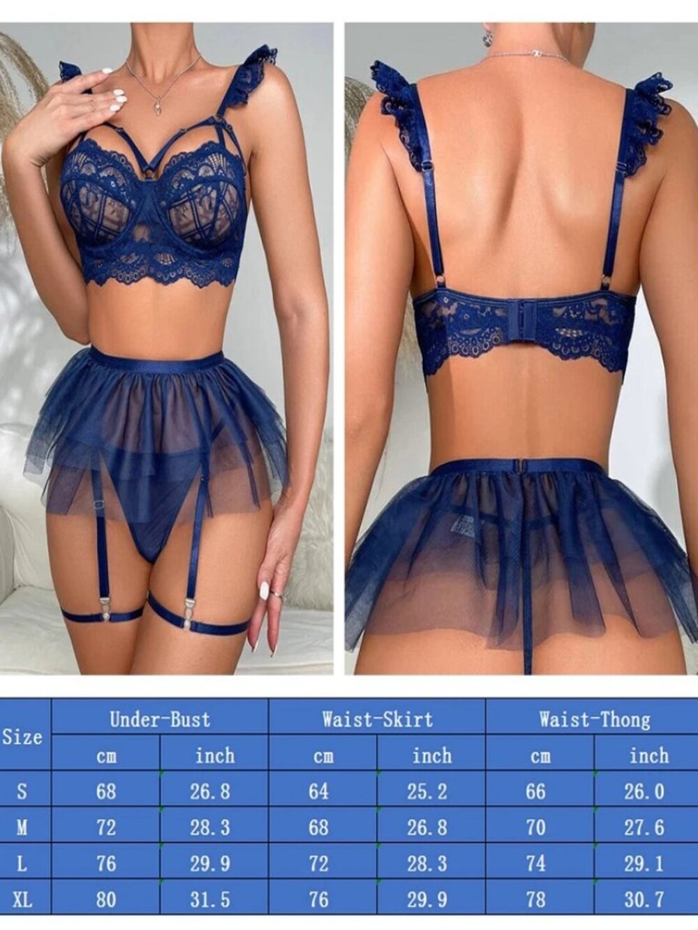 Women Sexy Lingerie Lace Sheer Babydoll Nightie Chemise Sleepwear Bra Skirt Set. - Picture 3 of 14